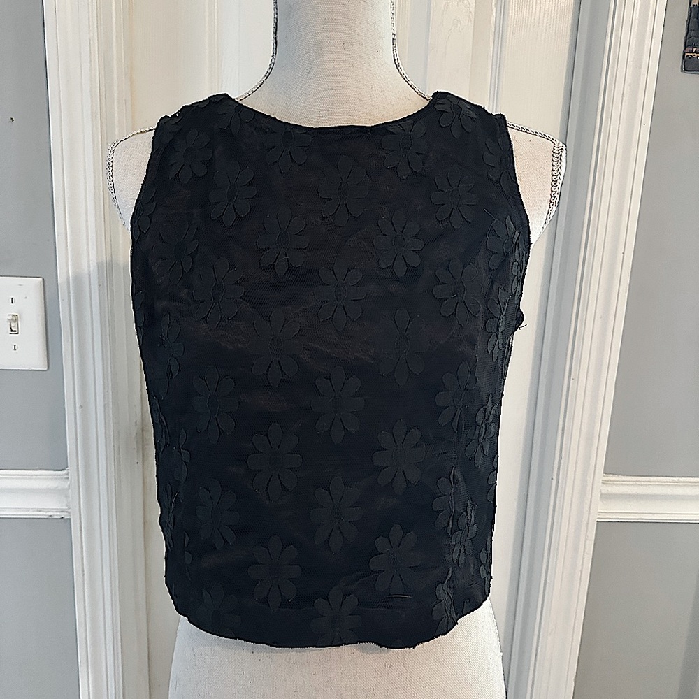 Vintage 90s Black Floral Mesh Lace Cropped Tank with Buttons- A. Byer